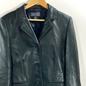 Harolds Leather Blazer Jacket Womens Size 10 Black Button Front Career